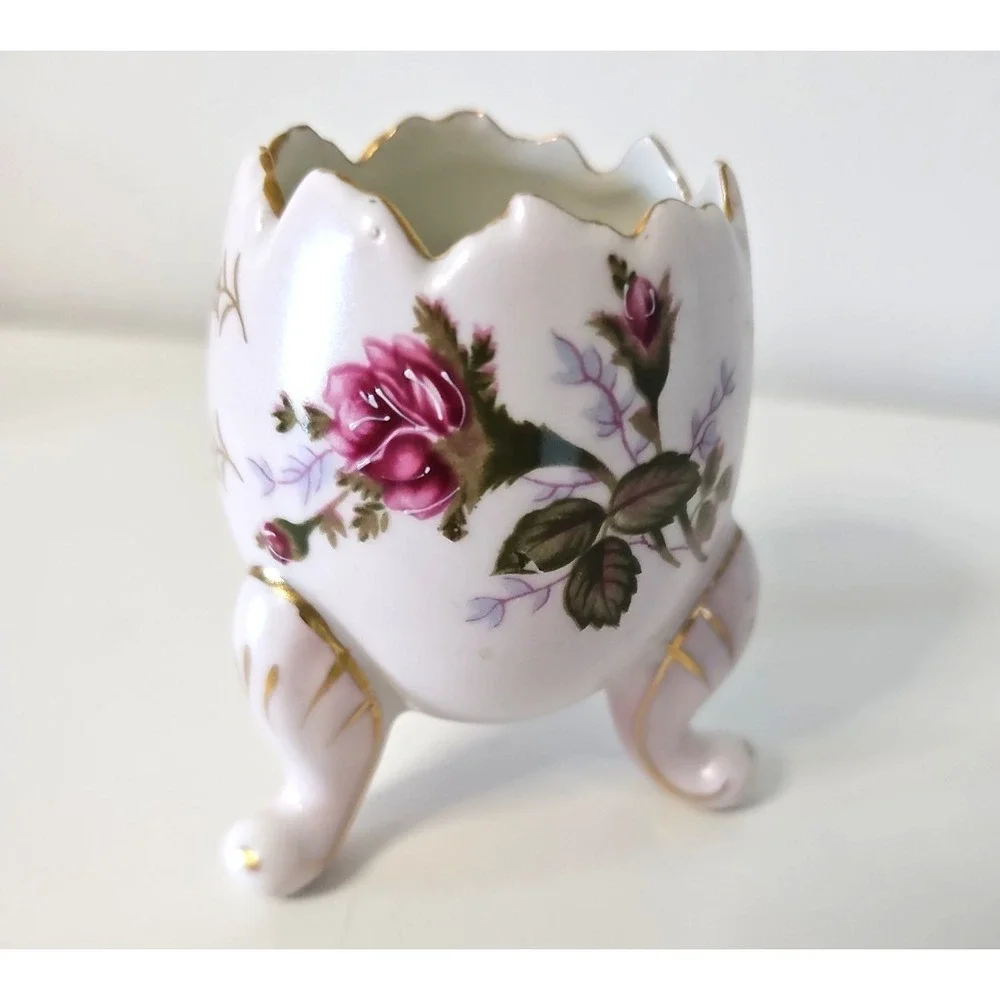 Vtg Napco Pink Floral 3 Footed Cracked Egg Vase Japan C6322